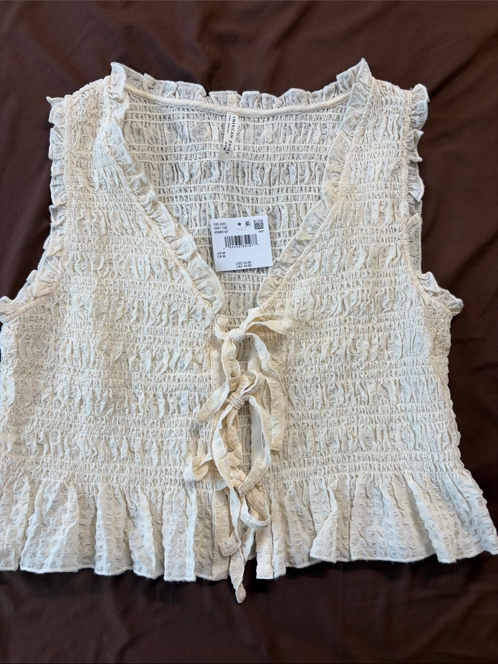 American Eagle Outfitters Cream Smocked Tie-Front Ruffle Camisole